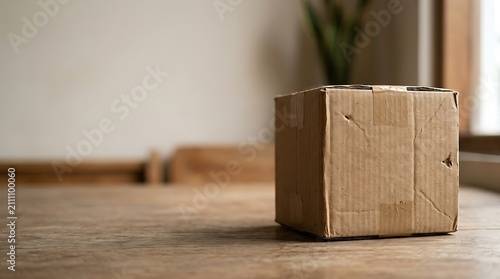 Cardboard shipping box on a wooden table