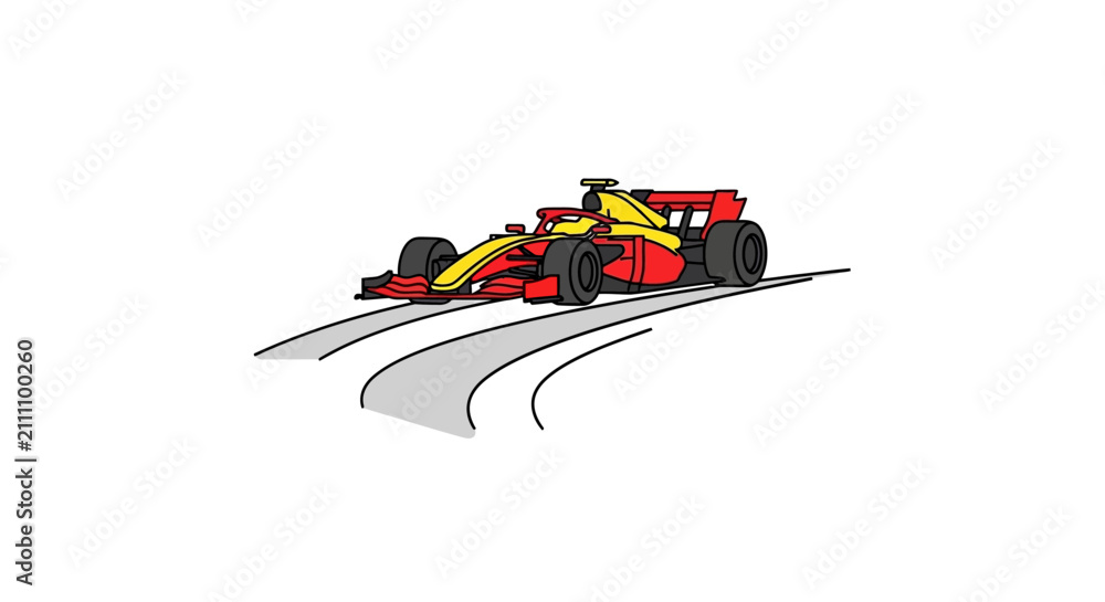 Fototapeta premium Red and yellow formula race car on a grey track, speed and motion graphic