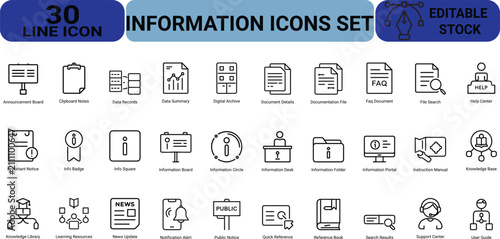 Information icons set. simple set of information related vector line icons. contains icons such as announcement board, clipboard notes, data records.