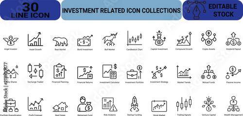 Investment related icon collection for finance and business with editable stock for design.