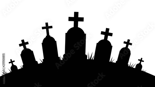 Принти на полотні Tombstones silhouette against a white background, with crosses prominently displayed on the grave markers and subtle grass details at their bases, creating a stark, high-contrast visual