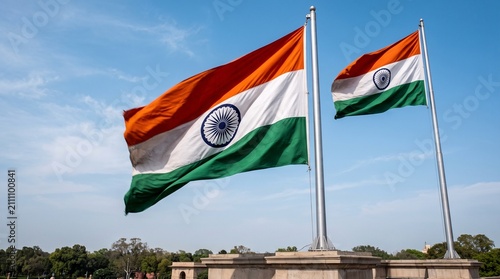 Photography National pride and patriotism, two Indian flags waving against a clear blue sky,