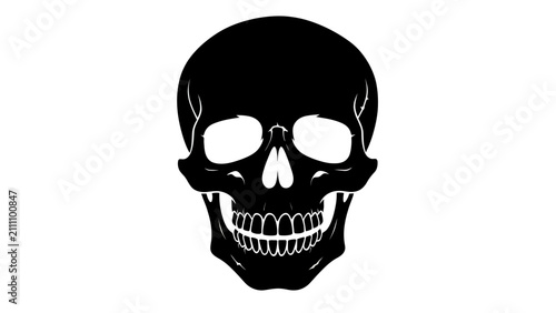 Bild auf Leinwand Frontal view of a human skull depicted as a solid black silhouette with white teeth and eye sockets against a white background