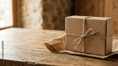 Cardboard gift box tied with twine on a rustic wooden table
