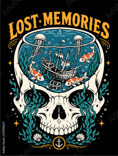 Lost Memories Skull Aquarium with Sunken Ship and Koi Fish Vintage Vector Illustration