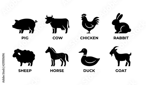 :
Farm Animal Minimal Icons Set Black Vector Collection for Agriculture Web and Packaging