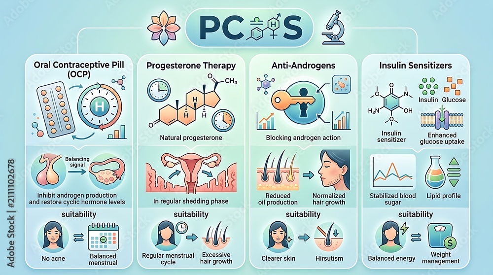Naklejka premium Medical infographic explaining pcos treatment options and benefits