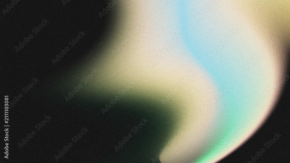 Obraz premium Abstract textured background featuring grainy noise texture, smooth wavy color gradient. Muted pale yellow, cyan, mint green soft blur shape on deep black backdrop.