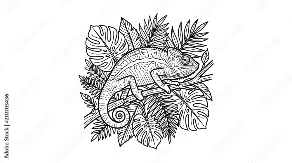Obraz premium Modern Black and White Line Drawing of Chameleon on Tropical Leaves and Snail with Floral with high quality professional line art symbols for modern creative design and digital branding projects