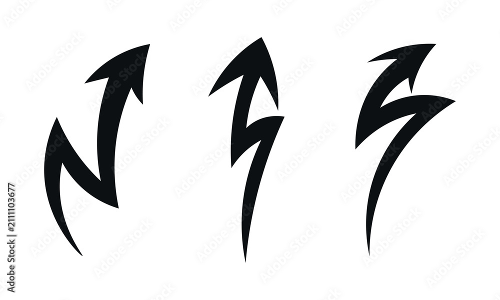 Fototapeta premium Set of black lightning bolt arrow vector illustrations for bold energetic presentation pointing elements and custom dynamic layout designs.
