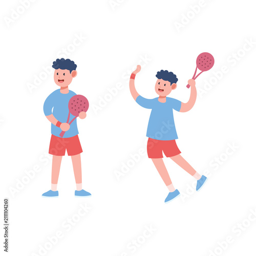 Flat vector illustration of two active boys playing racket sports for children recreation and healthy lifestyle designs.