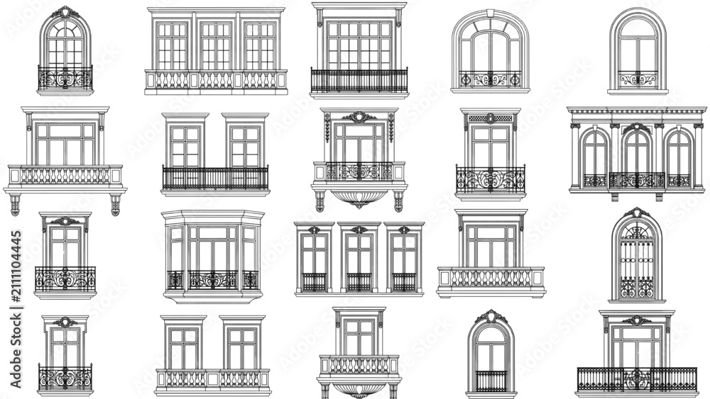 Obraz premium Architectural Window and Balcony CAD Block Collection with Classic Elevations for AutoCAD Building Design