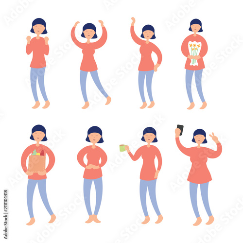 Set of flat vector illustrations of a young woman in various daily lifestyle activities and casual poses.