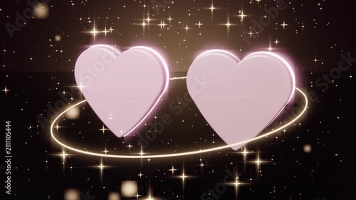 Rotating two pink 3D hearts splitting above golden ring as camera shifts, revealing side profiles