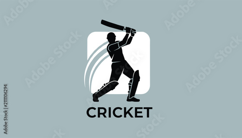 Minimalist cricket logo featuring a black silhouette of a batsman hitting a ball on a gray and white background.