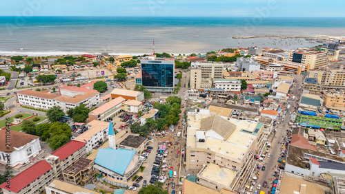 Konstfotografi Aerial view showing urban landscape, busy streets, and the atlantic ocean coastl