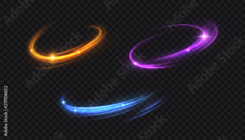 Multicolored glowing trails with curved curves, bright flashes, and flowing energy. Vector effect isolated on a black background.