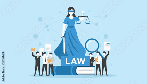 Statue of lady justice holding a sword and scale surrounded by diverse small business people on a light blue background.