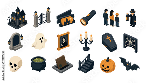 Cuadro en lienzo Halloween themed isometric icons collection.