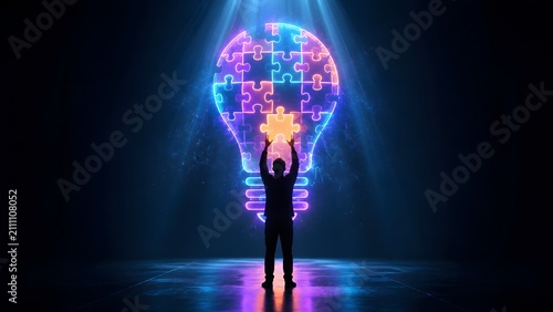 Man completing a glowing neon puzzle light bulb, symbolizing a crucial step in digital innovation and finding the perfect solution in a futuristic tech world.