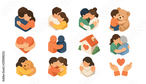 Bild auf Leinwand Colorful illustrations of people hugging and showing love.