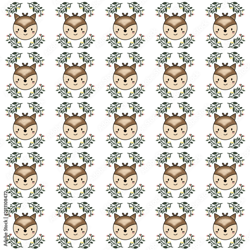 Fototapeta premium Cute Squirrel Face Seamless Pattern with Floral Ornaments