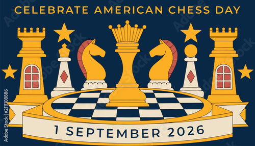 Принти на полотні American chess day celebration illustration with chess pieces and board