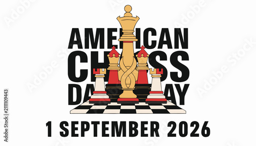 Obraz na plátně American chess day logo with chess pieces on a chessboard isolated on white back