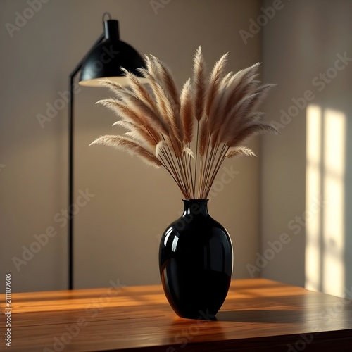 A glossy black ceramic vase filled with full dried pampas grass stands beside a modern black floor lamp. Warm sunlight streaming through a nearby window creates soft shadows, highlighting the luxuriou