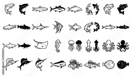 Fish Icon Vector Collection Black Outline and Silhouette EPS10