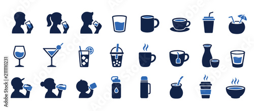 Foto Collection of blue beverage and drink icons set.