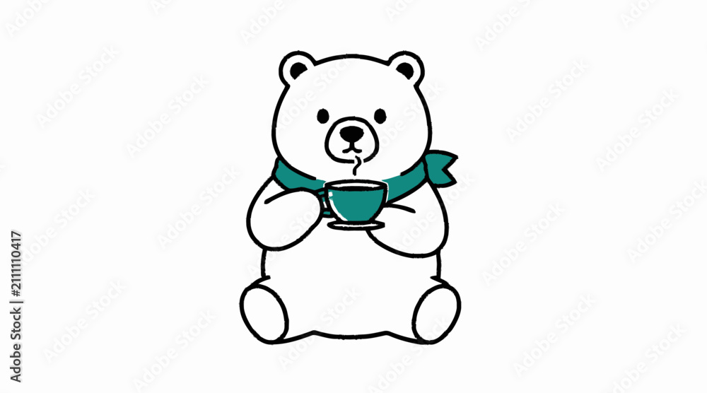 Fototapeta premium Polar bear wearing scarf drinking hot coffee illustration