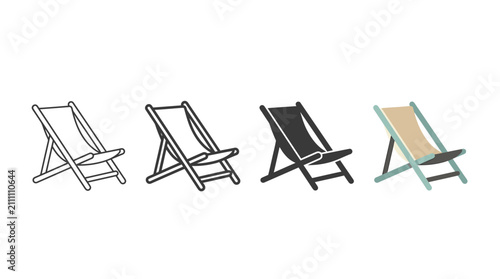 Vector illustration set of wooden folding beach chairs in various styles, including outline, silhouette, and colorful designs isolated on a white background
