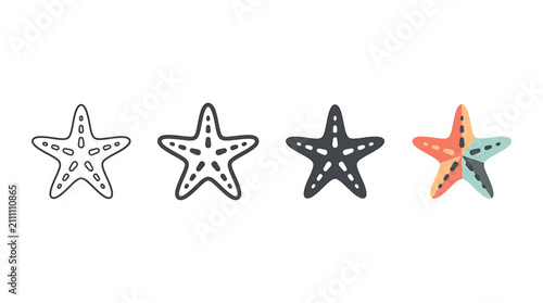 Set of four starfish illustrations in different styles including outline, silhouette, and colored vector versions for marine design