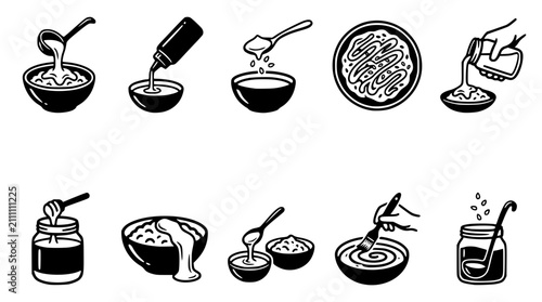 Tahini sauce preparation and serving process in kitchen. Creamy sesame paste drizzling, stirring, and garnishing for Middle Eastern dishes.