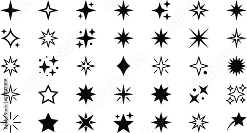 Sparkle Star Icons Collection, Twinkle, Magic, Shine and Decorative Black Vector Symbols Set