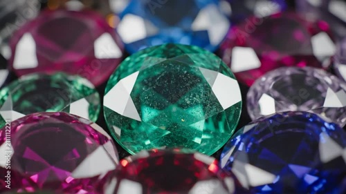 Close-up of sparkling and colorful gemstones arranged together reflecting light, dazzling and bright, precious jewelry