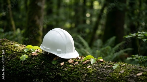 Environmental engineering and sustainable forestry construction concept with white safety helmet resting on moss covered log in green woodland
