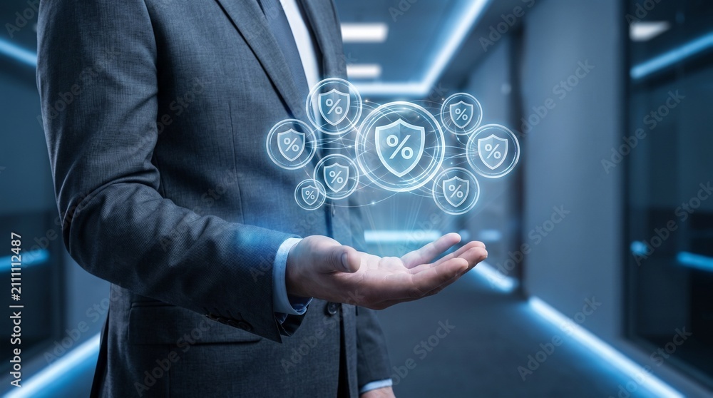 Fototapeta premium Businessman holding risk pooling icon. Professional managing insurance and financial assets.