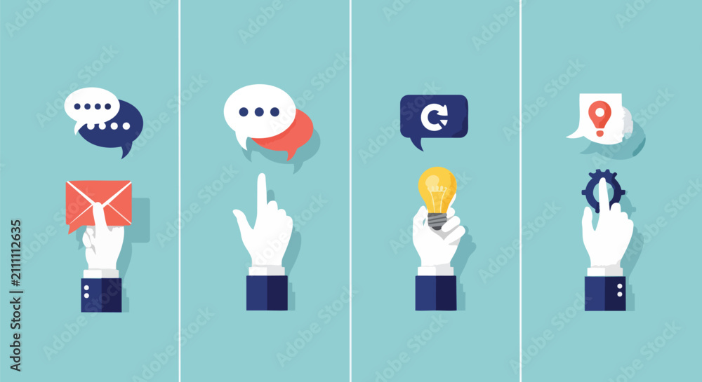 Fototapeta premium Stylized hands with speech bubbles, email, finger pointing, lightbulb, and gear on a teal background, concept for communication, brainstorming, and innovation.