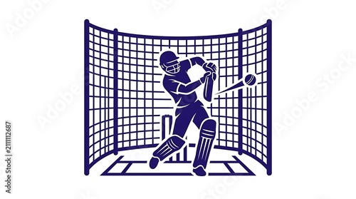 Cricket player practicing in nets. Athlete hitting ball in training session icon.