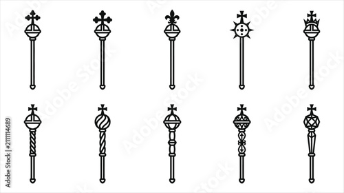 Set of 10 medieval royal magic scepter icons collection on a white background