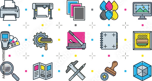 Foto Printing and Graphic Design Production Icon Set with Printer Plotter Color Calib