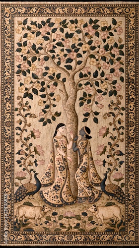 Traditional Kalamkari painting of Radha and Krishna beneath a flowering Kadamba tree, graceful flowing garments with intricate floral motifs.