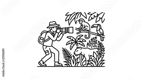 Canvas Print Creative Black and White Line Drawing of Photographer in Jungle with Wildlife Ca