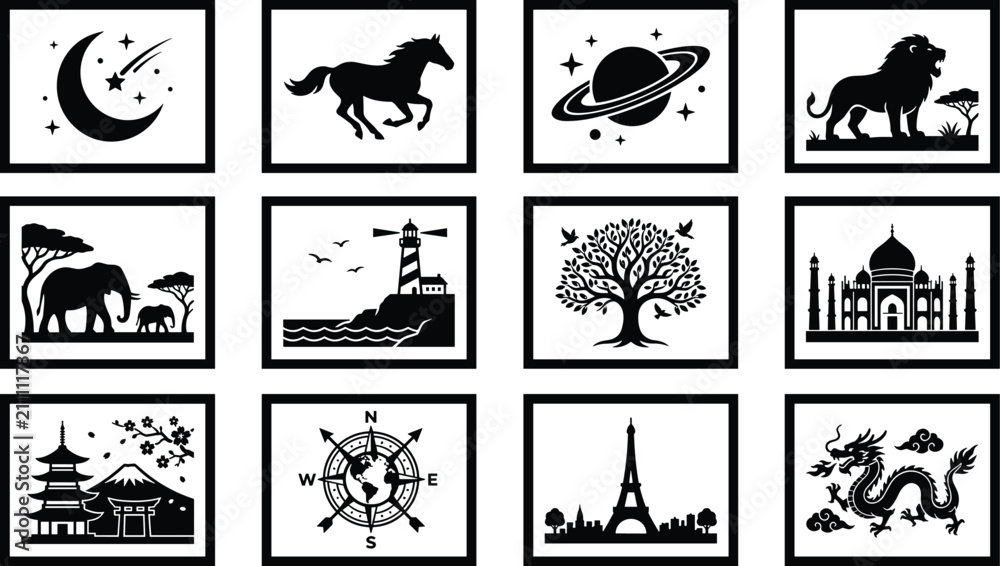 Fototapeta premium Framed black and white silhouette icon set featuring global travel landmarks, nature, wildlife, and space
