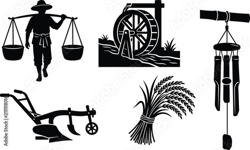 Billede på lærred Traditional Farming Tools and Rural Agriculture Black Silhouette Vector Set with