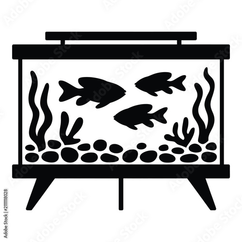 Clean vector illustration depicting three stylized fish swimming in a glass aquarium filled with decorative 