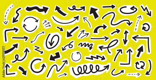 Scrapbook doodle arrows set. Scribble arrows sticker design. Vector