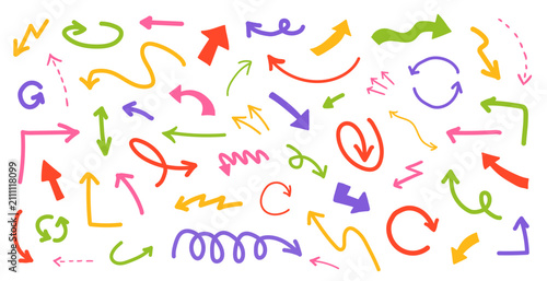 Colorful  doodle arrows set. Vector